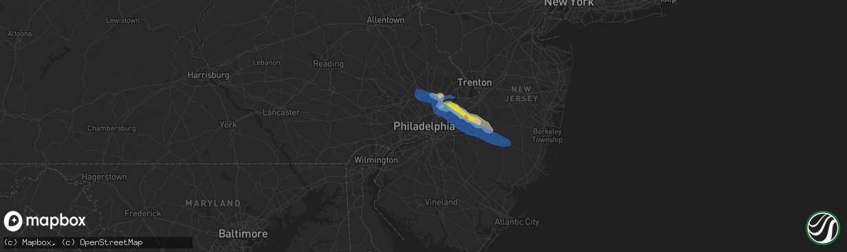 Hail map in Philadelphia, PA on July 29, 2021