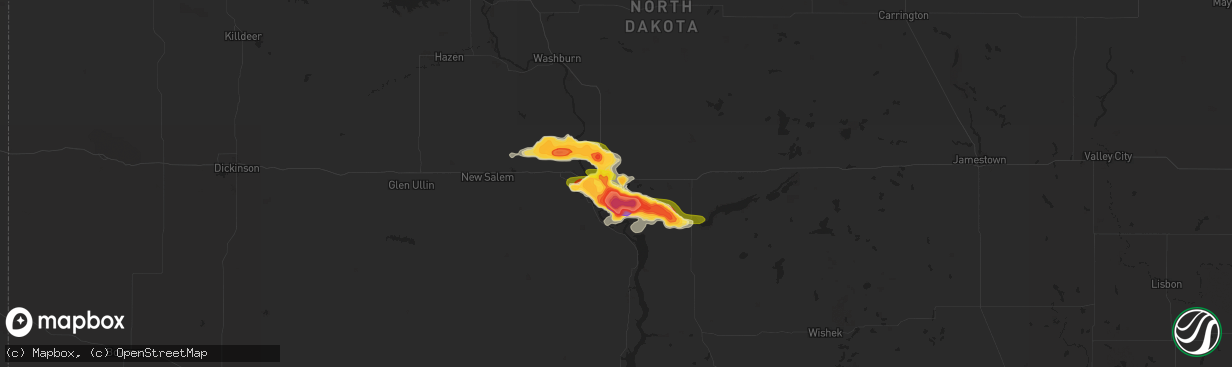 Hail map in Bismarck, ND on July 29, 2024