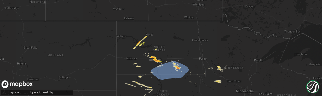 Hail map in North Dakota on July 29, 2024