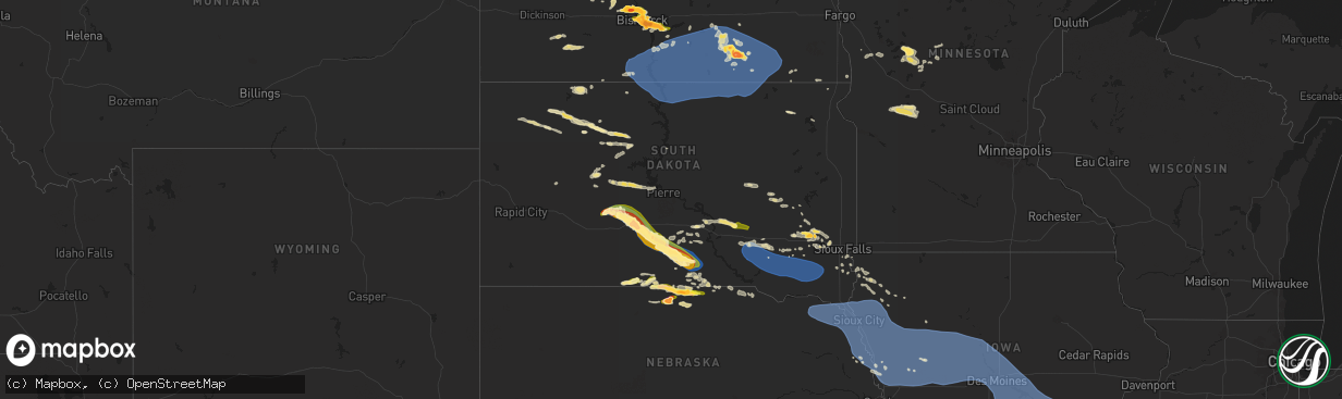 Hail map in South Dakota on July 29, 2024