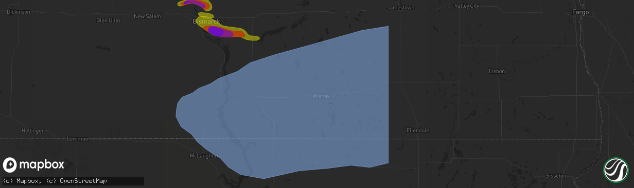 Hail map in Wishek, ND on July 29, 2024