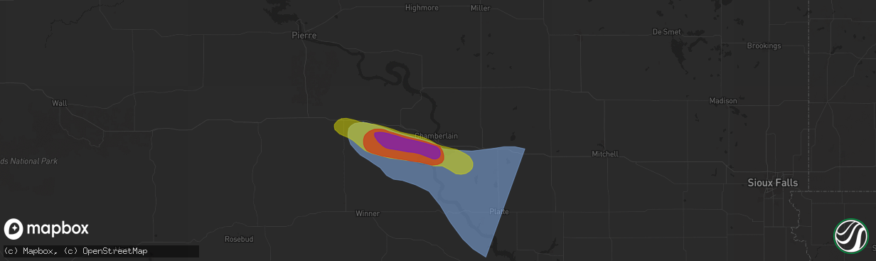 Hail map in Chamberlain, SD on July 29, 2025