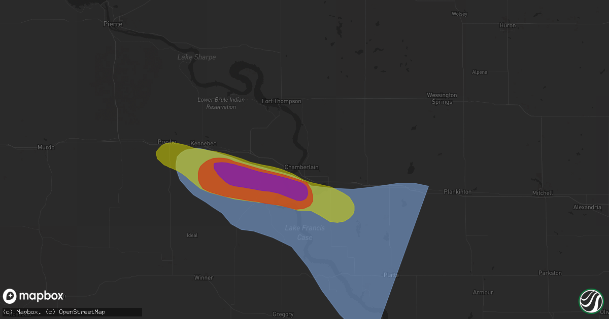 Hail map in Chamberlain, SD on July 29, 2025