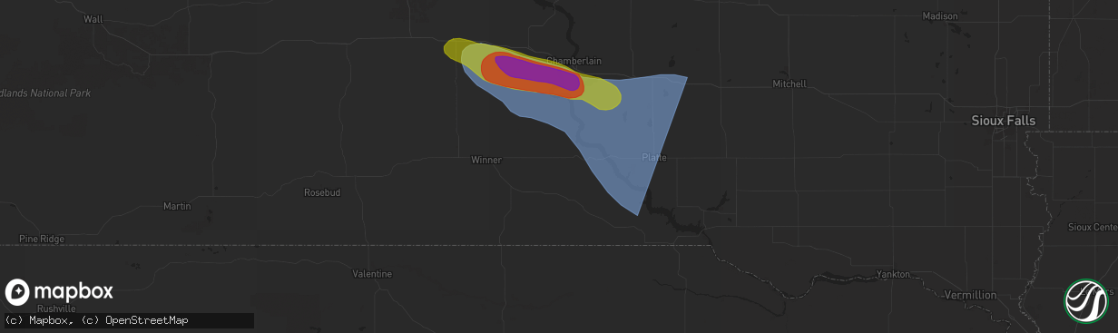 Hail map in Gregory, SD on July 29, 2025