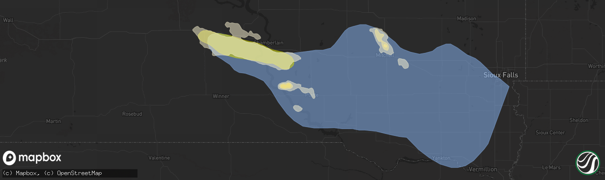 Hail map in Platte, SD on July 29, 2025