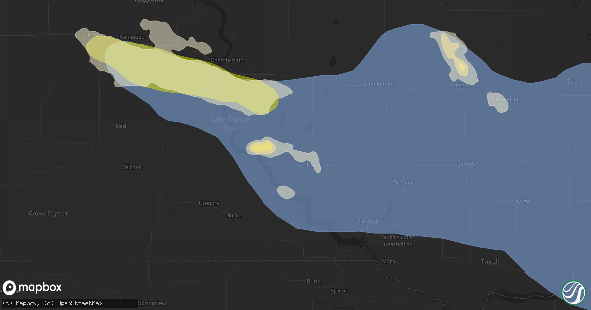 Hail map in Platte, SD on July 29, 2025