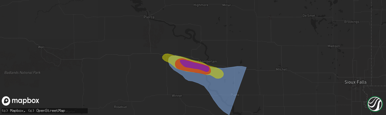 Hail map in Reliance, SD on July 29, 2025