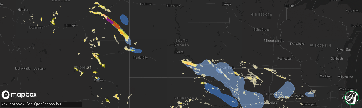 Hail map in South Dakota on July 29, 2025