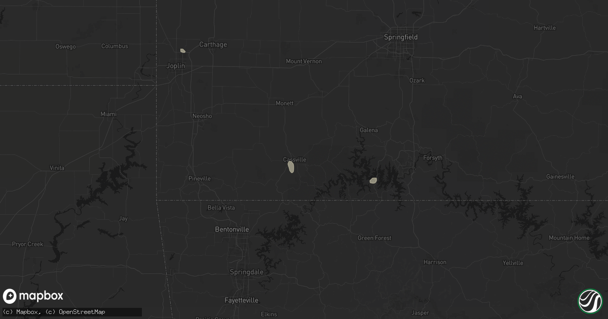Hail map in Cassville, MO on July 29, 2026