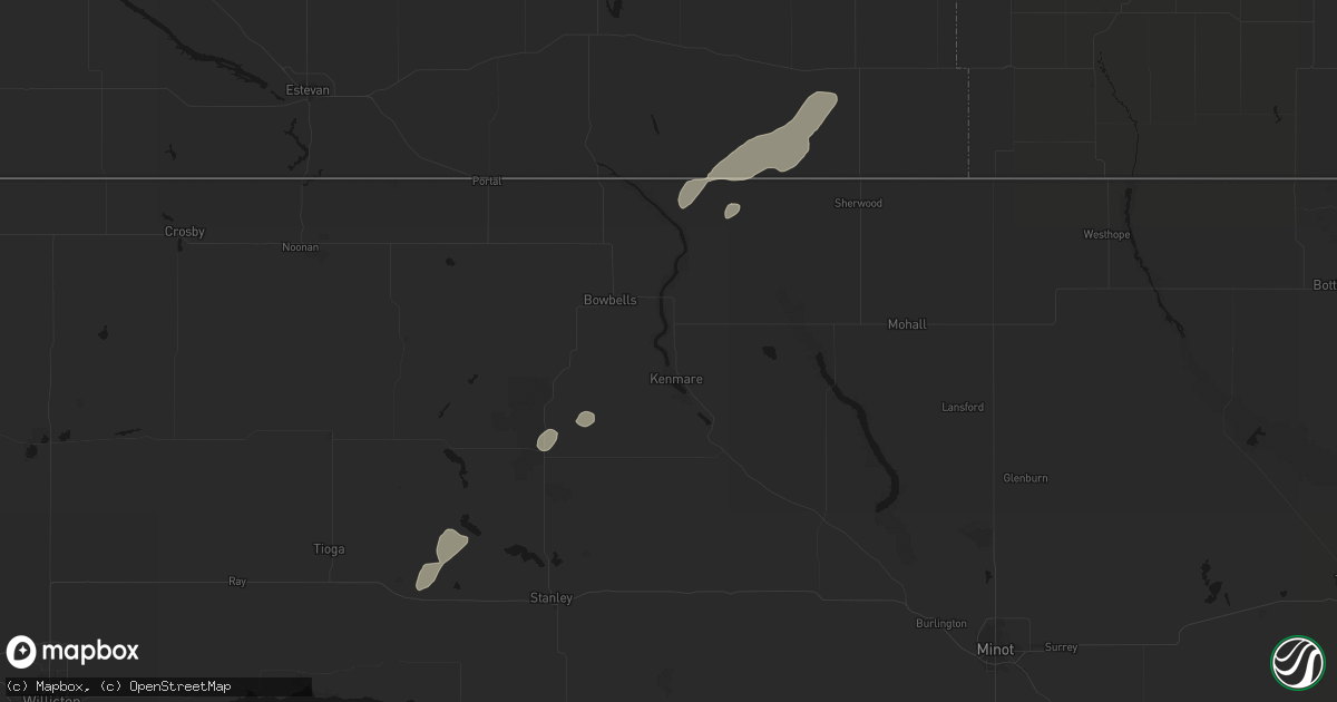 Hail map in Kenmare, ND on July 29, 2026