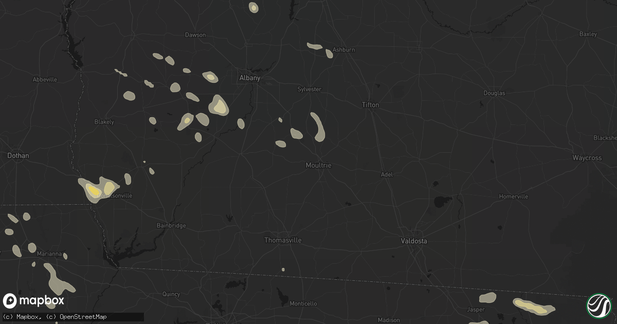 Hail map in Moultrie, GA on July 29, 2026