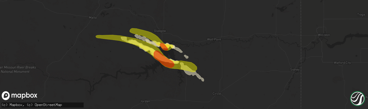 Hail map in Fort Peck, MT on July 30, 2016