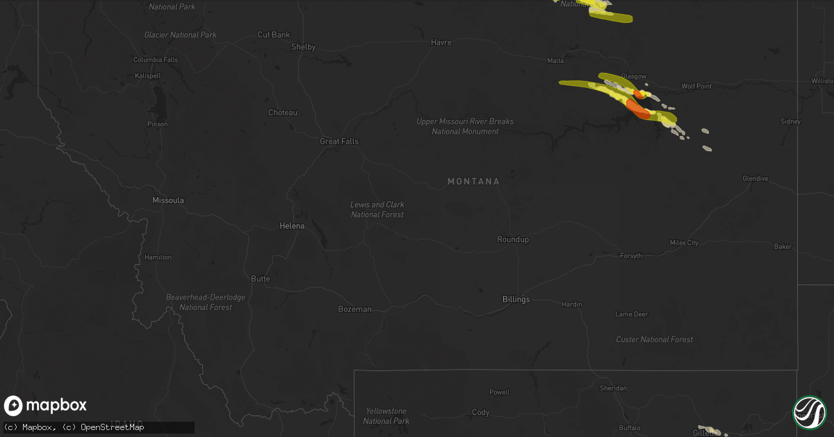 Hail map in Montana on July 30, 2016