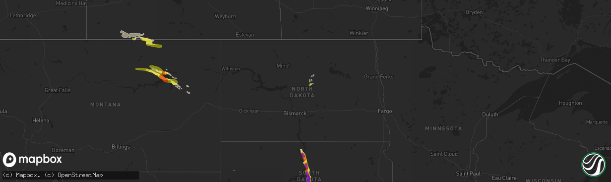 Hail map in North Dakota on July 30, 2016