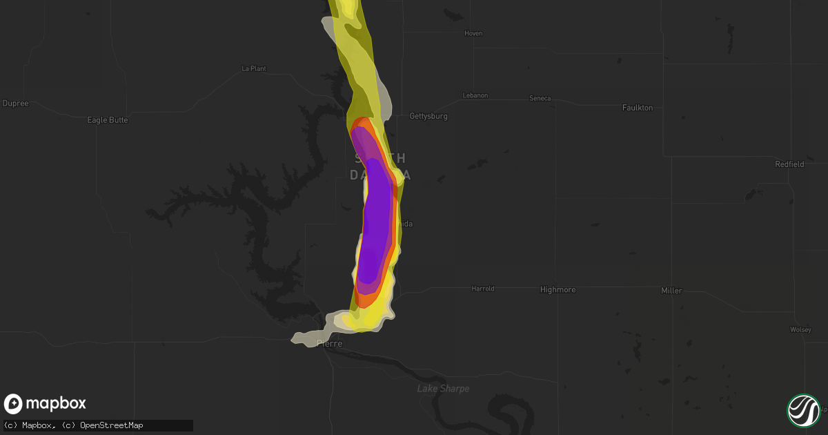 Hail map in Onida, SD on July 30, 2016
