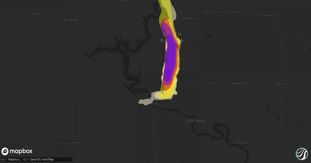 Hail map in Pierre, SD on July 30, 2016