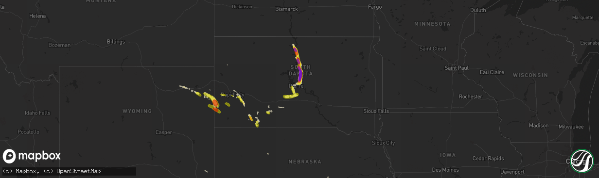 Hail map in South Dakota on July 30, 2016