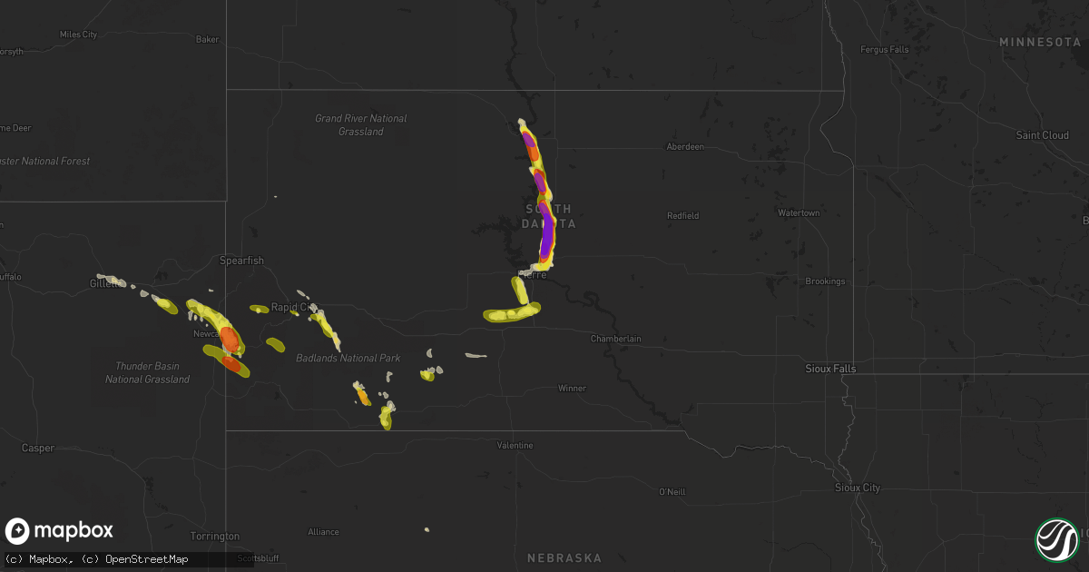 Hail map in South Dakota on July 30, 2016