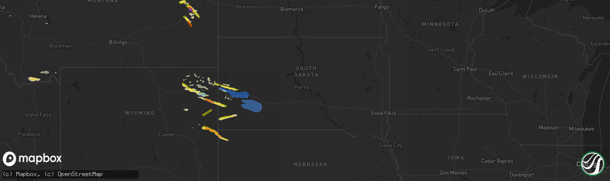 Hail map in South Dakota on July 30, 2019