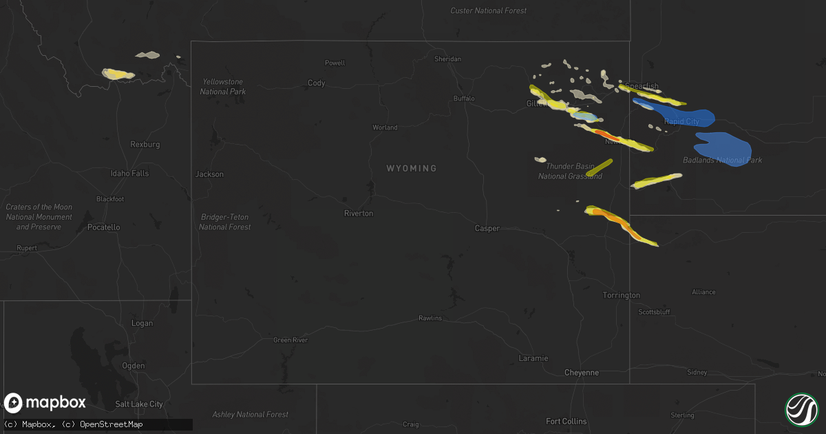 Hail map in Wyoming on July 30, 2019