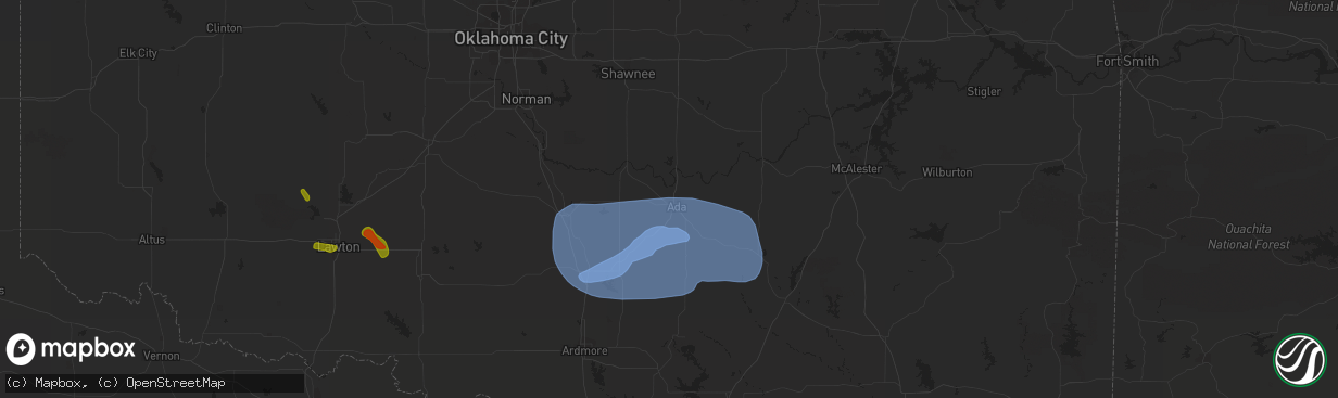 Hail map in Ada, OK on July 30, 2020