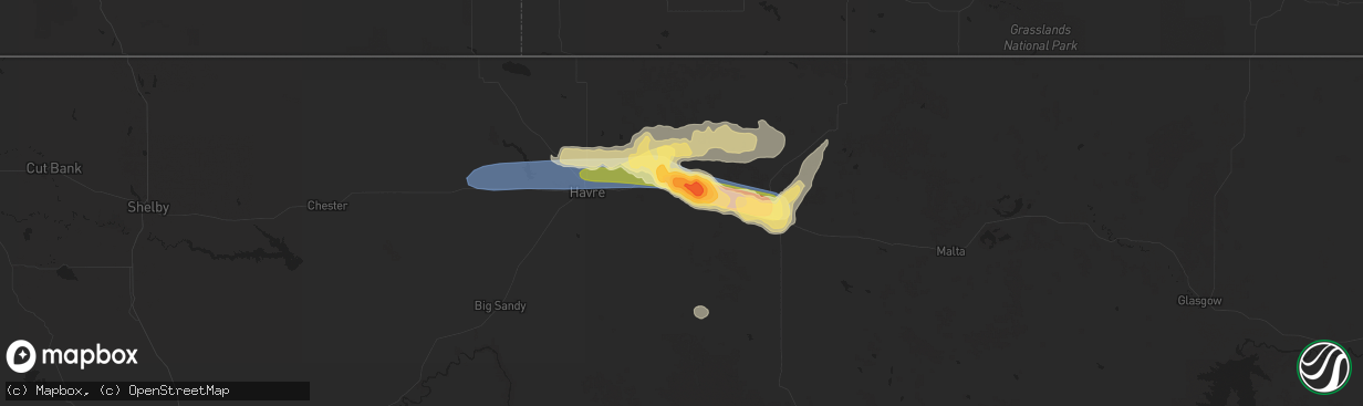 Hail map in Chinook, MT on July 30, 2023