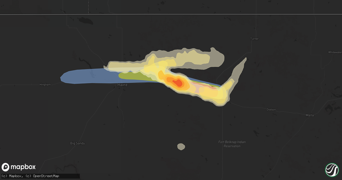 Hail map in Chinook, MT on July 30, 2023