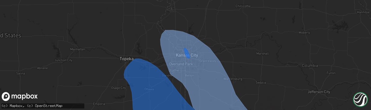 Hail map in Kansas City, MO on July 30, 2023