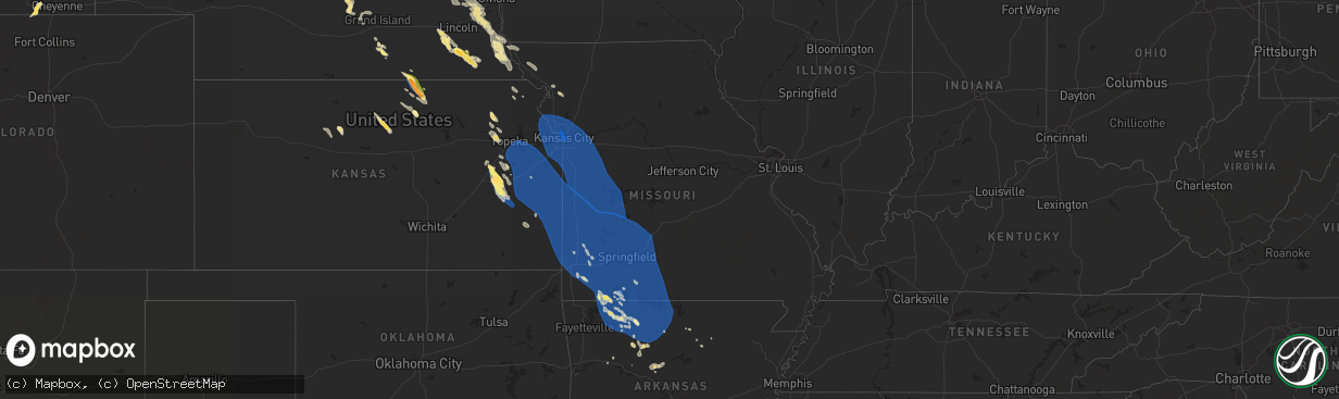 Hail map in Missouri on July 30, 2023