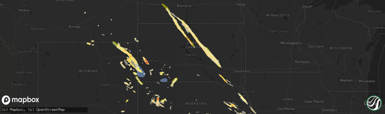 Hail map in South Dakota on July 30, 2023
