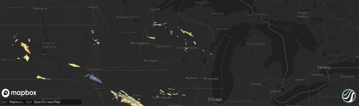 Hail map in Wisconsin on July 30, 2024