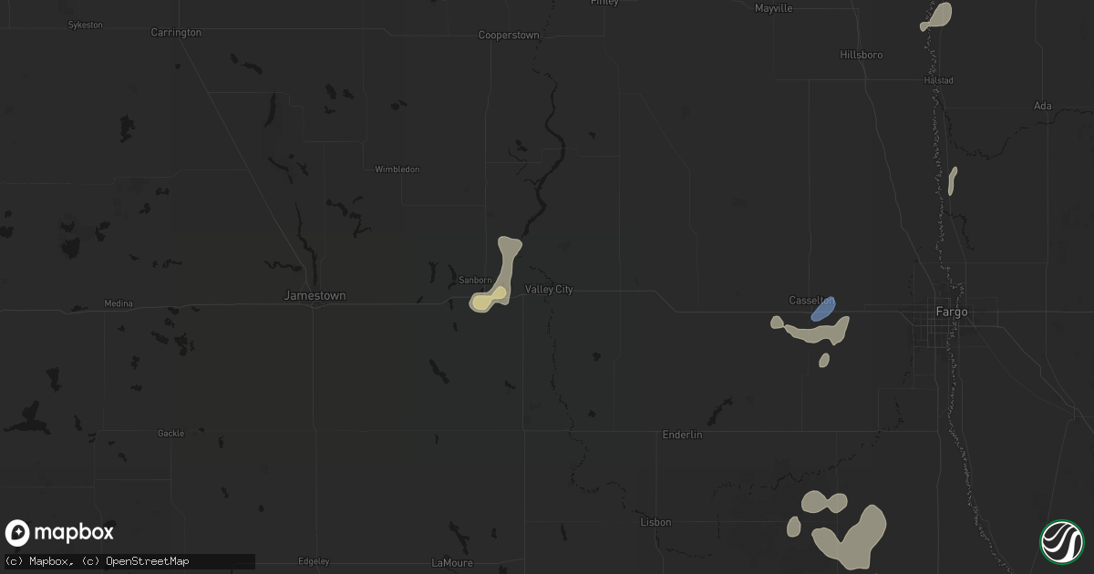 Hail map in Valley City, ND on July 30, 2026
