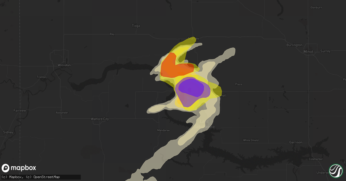 Hail map in New Town, ND on July 31, 2016