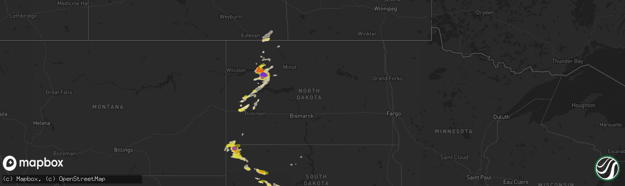 Hail map in North Dakota on July 31, 2016