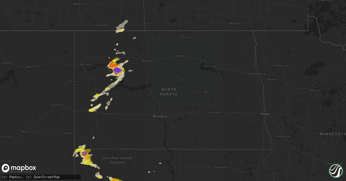 Hail map in North Dakota on July 31, 2016