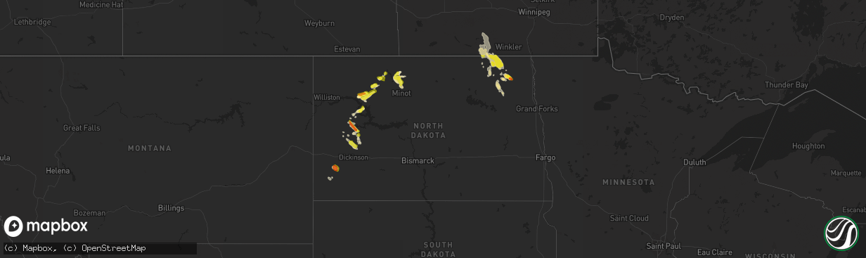 Hail map in North Dakota on July 31, 2019