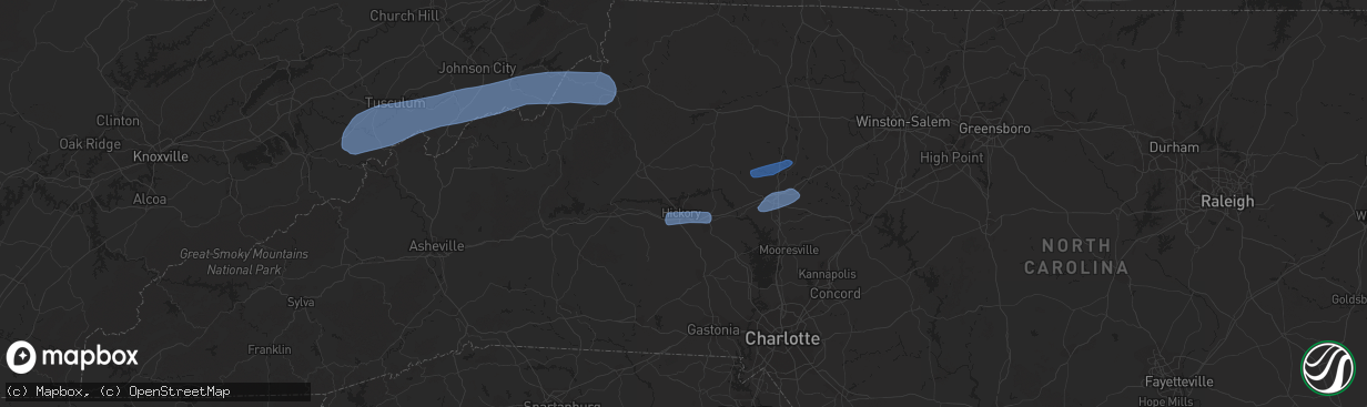 Hail map in Hickory, NC on July 31, 2020