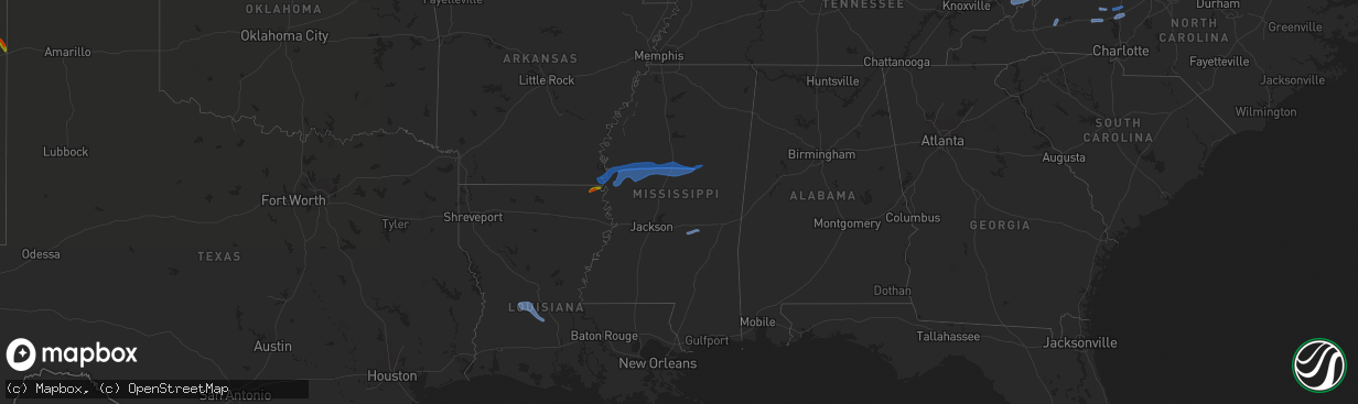 Hail map in Mississippi on July 31, 2020