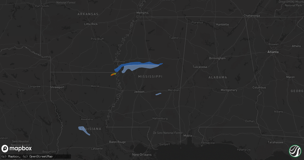 Hail map in Mississippi on July 31, 2020
