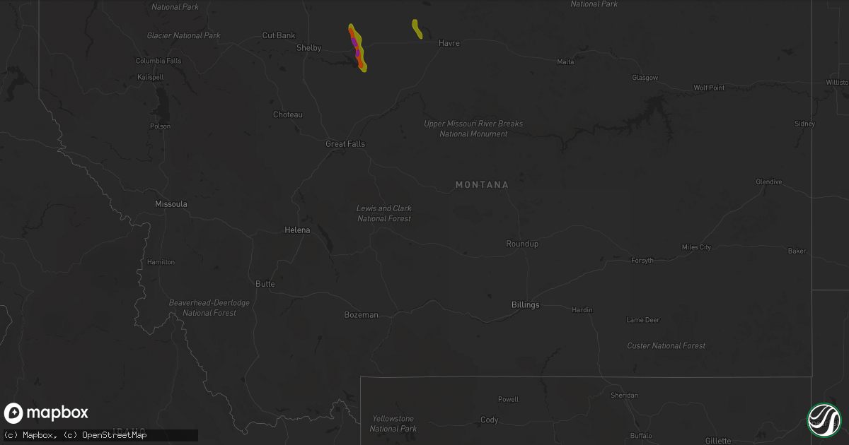 Hail map in Montana on July 31, 2020