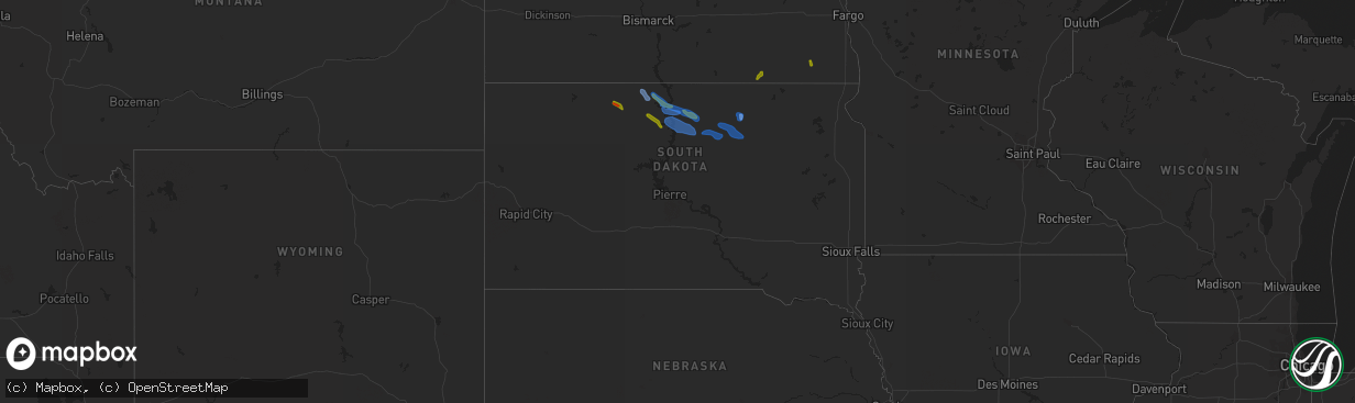 Hail map in South Dakota on July 31, 2020