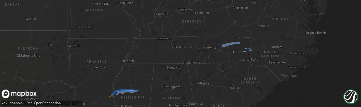 Hail map in Tennessee on July 31, 2020