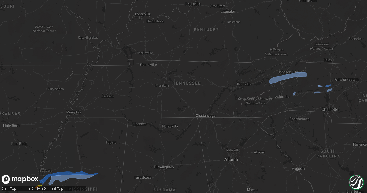 Hail map in Tennessee on July 31, 2020