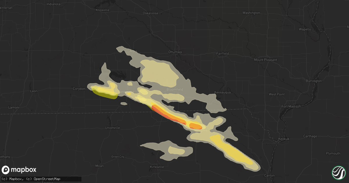 Hail map in Bloomfield, IA on July 31, 2024