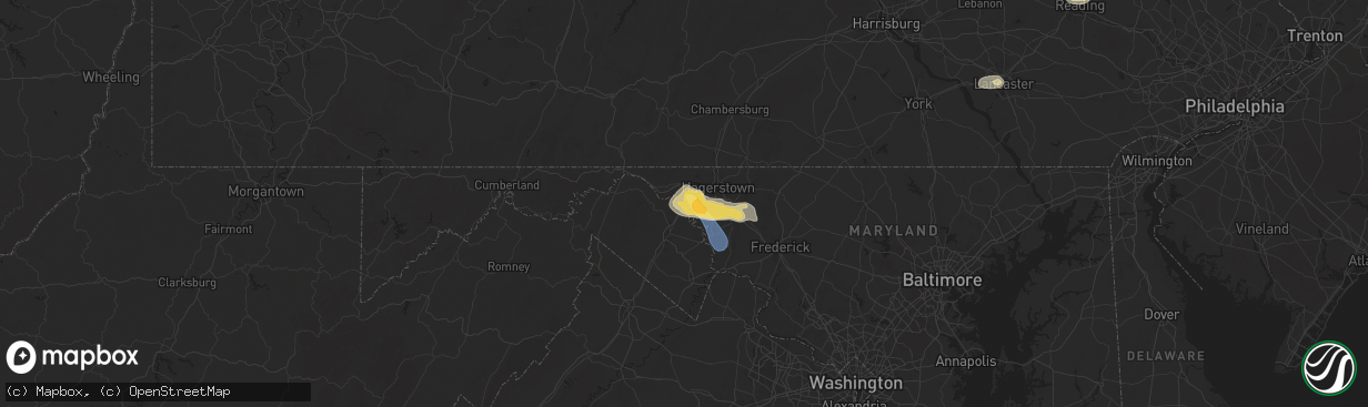 Hail map in Falling Waters, WV on July 31, 2025
