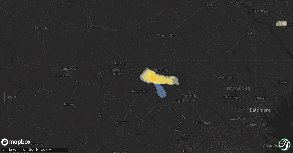 Hail map in Falling Waters, WV on July 31, 2025