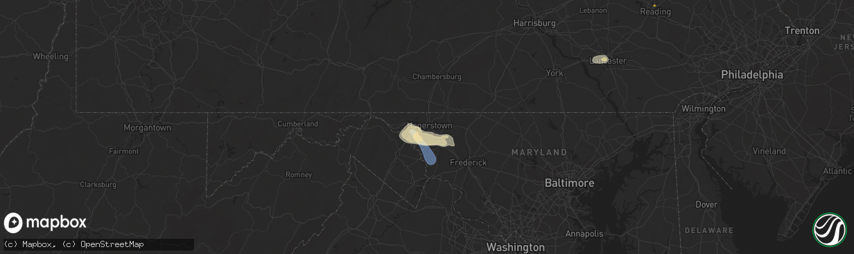 Hail map in Hagerstown, MD on July 31, 2025