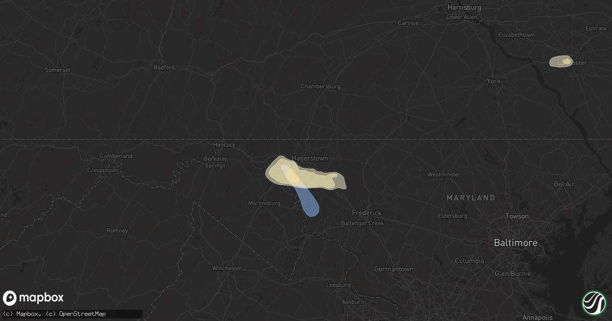 Hail map in Hagerstown, MD on July 31, 2025
