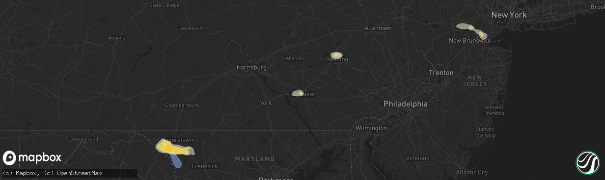 Hail map in Lancaster, PA on July 31, 2025
