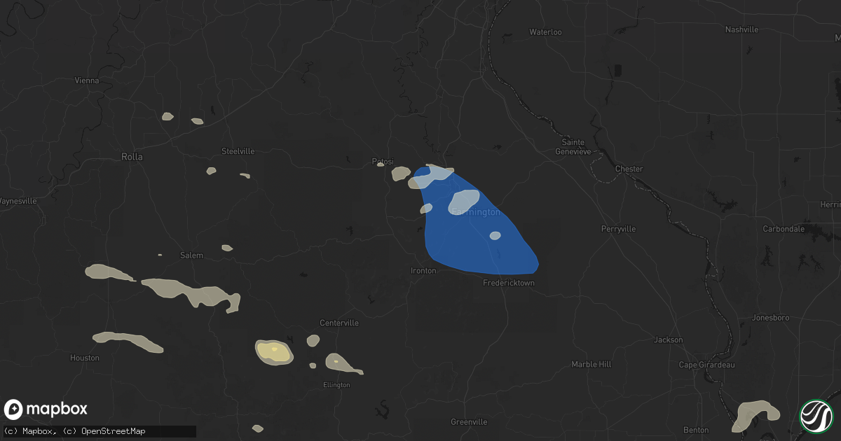 Hail map in Bismarck, MO on July 31, 2026